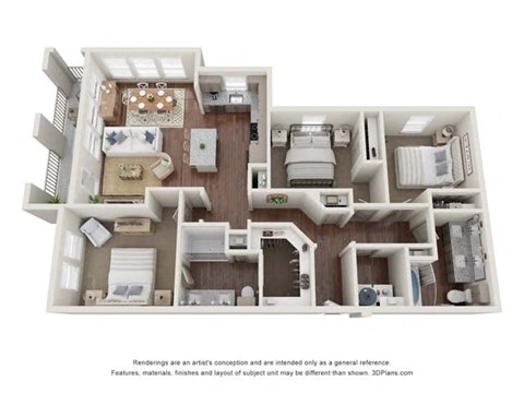 Floor plan for 3 beds, 2 baths, 1364 sqft